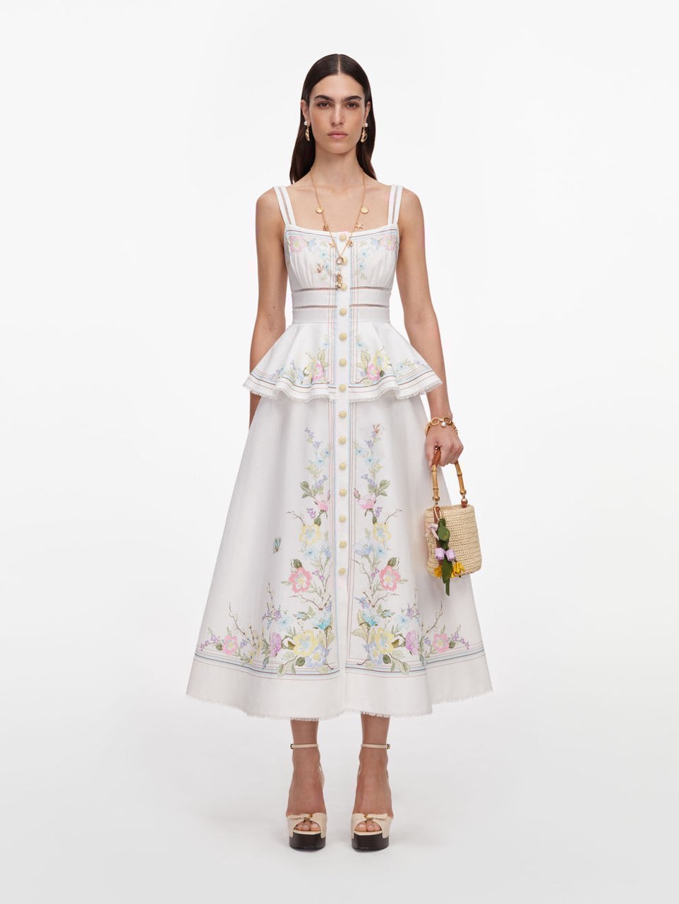White Floral Linen Blend Peplum Midi Dress