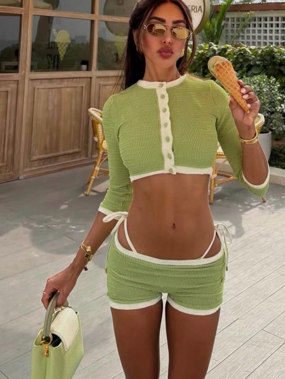 Lime Green Knit Cropped Cardigan and Shorts Set