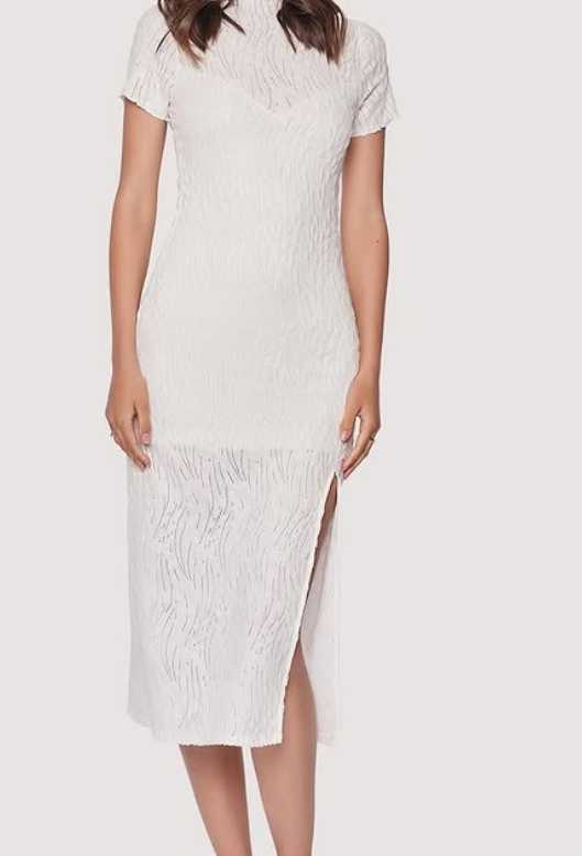 White Textured Midi Dress with Slit