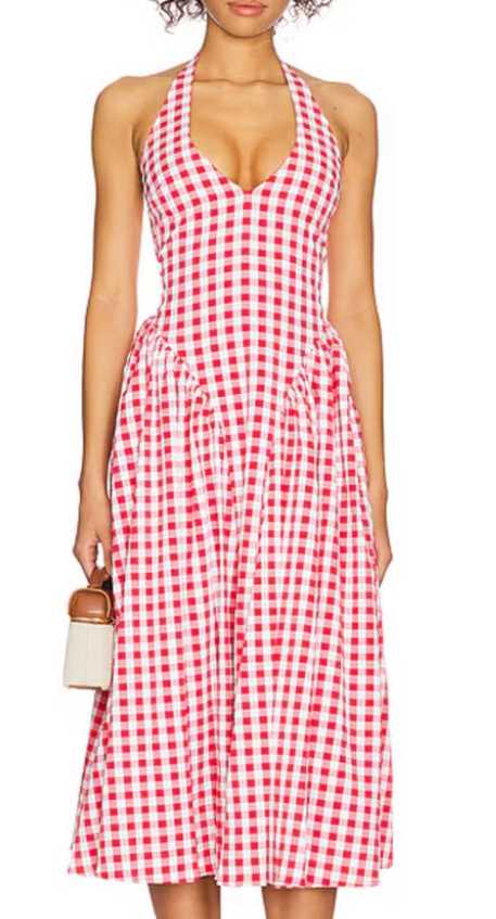 Red Gingham Halter Midi Dress