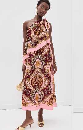 Pink and Burgundy Paisley One-Shoulder Midi Dress