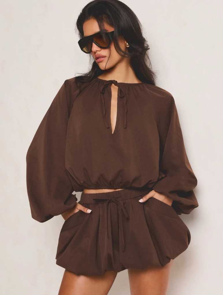 Botique Chocolate Brown Balloon Sleeve Top and Mini Bubble Shorts Set