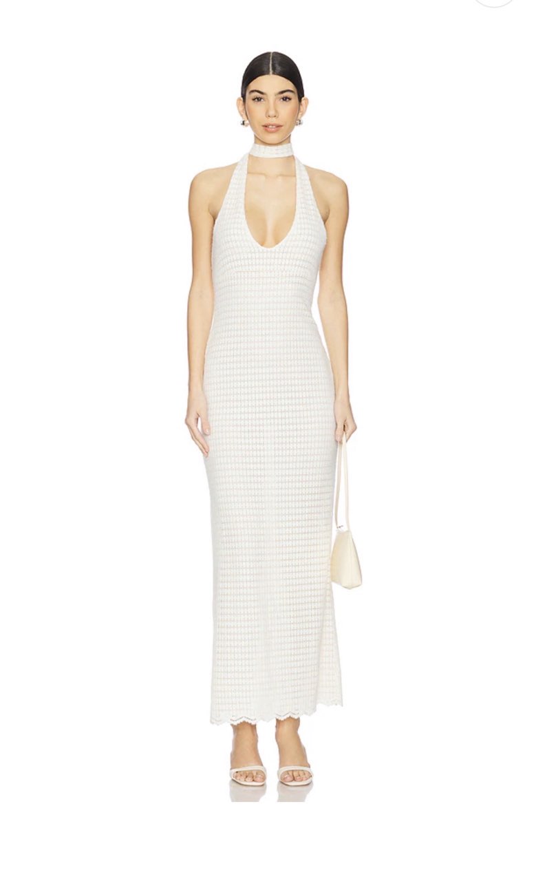 Knit Maxi dress with scarf wrap detail at neck. Ties in the back neck.