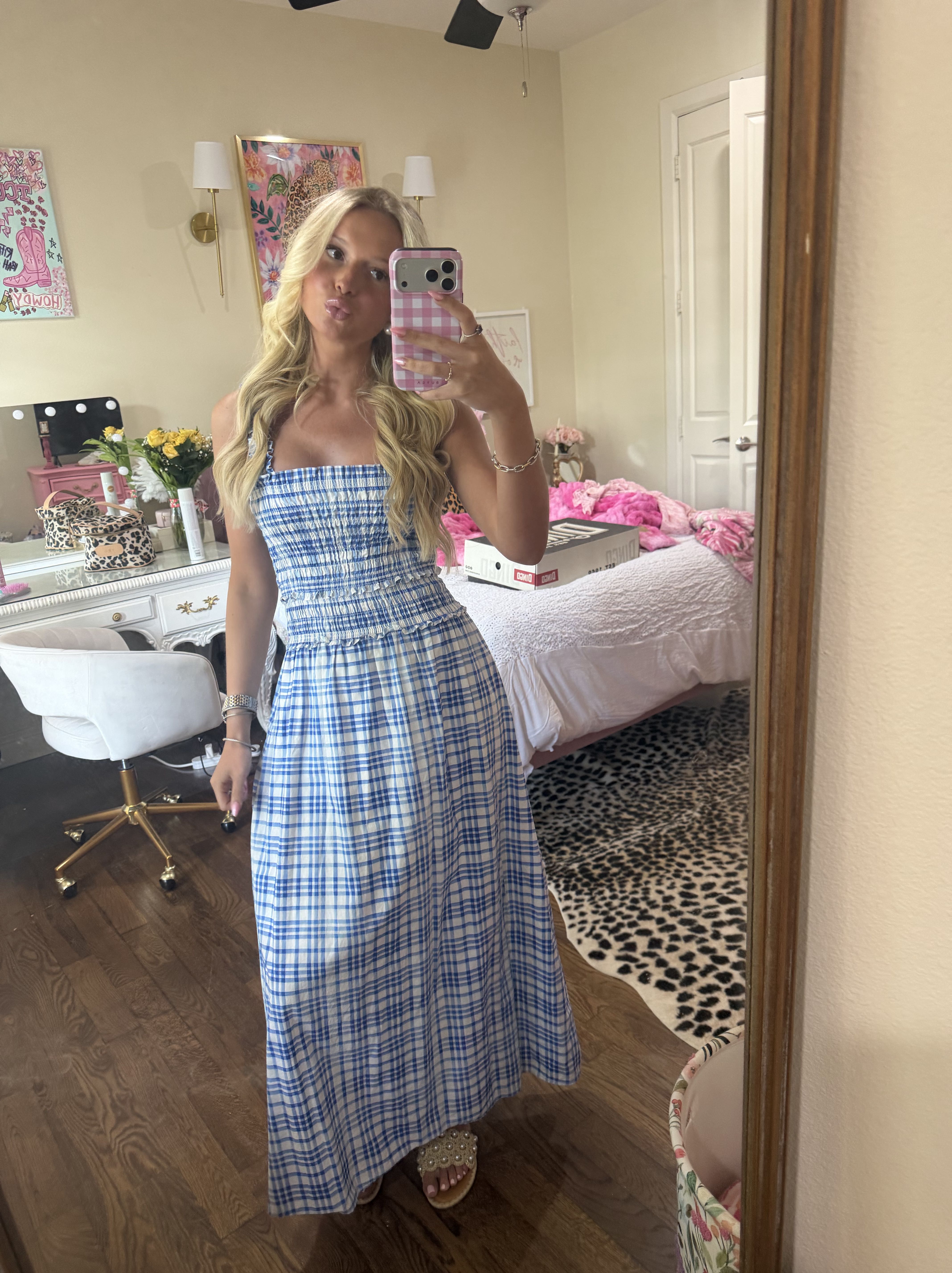 Blue Gingham Smocked Midi Dress