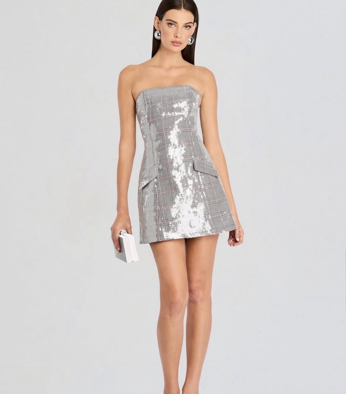 Sequined Plaid Strapless Mini Dress