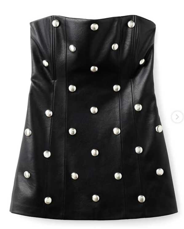 Black Studded Faux Leather Strapless Dress
