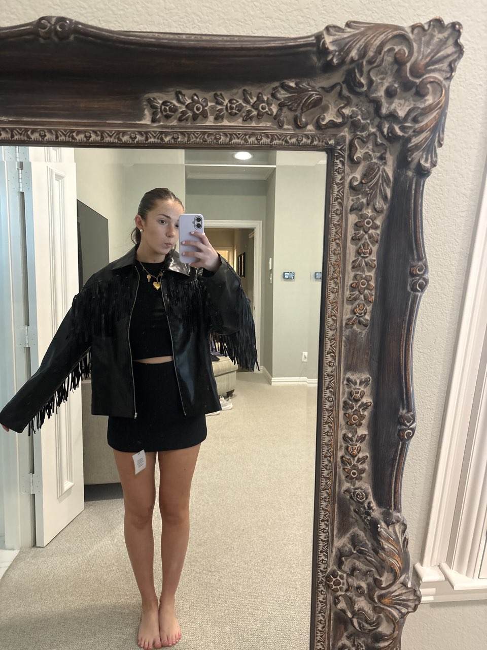 Black Fringed Faux Leather Jacket