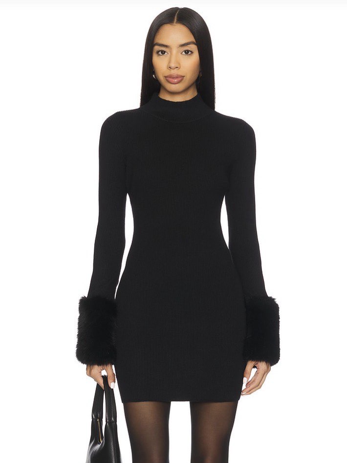 Black Fitted Mini Dress with Fur Cuffs
