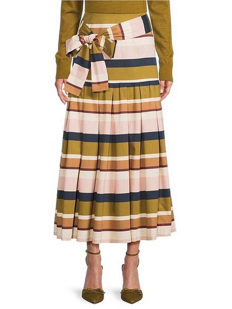 Antonio Milani Striped Pleated Tie-Waist Midi Skirt