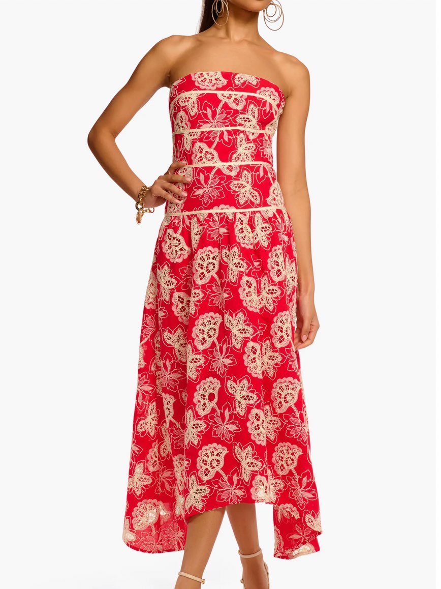Red embroidered midi dress