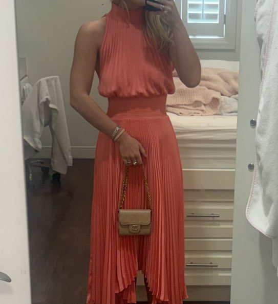 Coral Pleated Halter Midi Dress