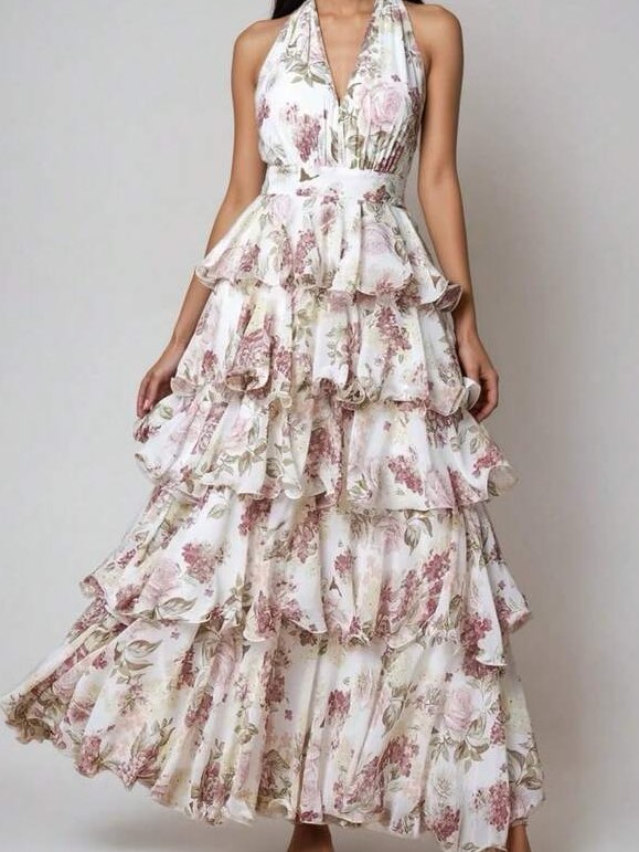 White Floral Halter Tiered Maxi Dress