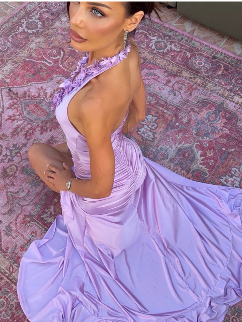 Lavender Floral Halter Ruched Maxi Dress