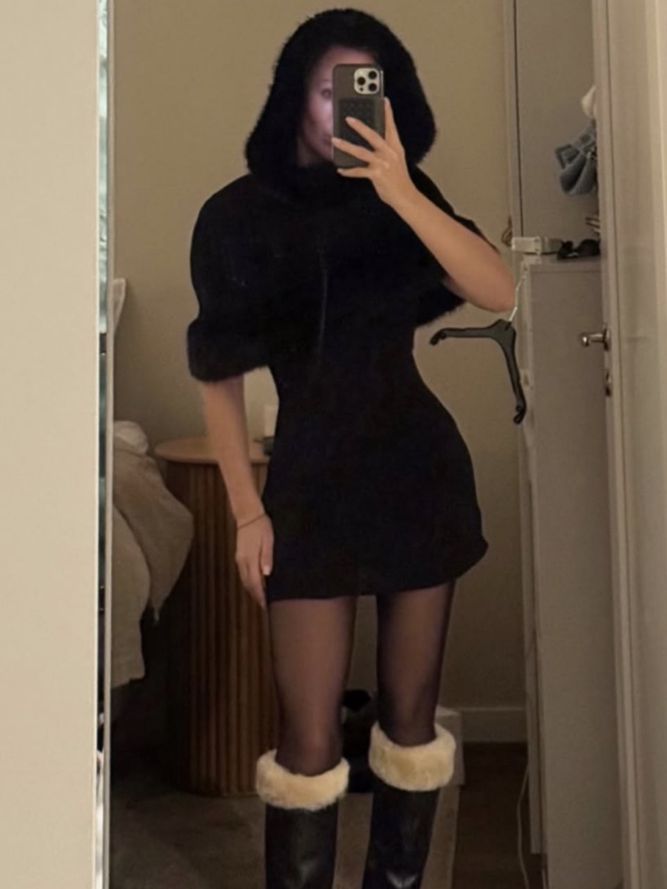 Black Faux Fur Trim Cape