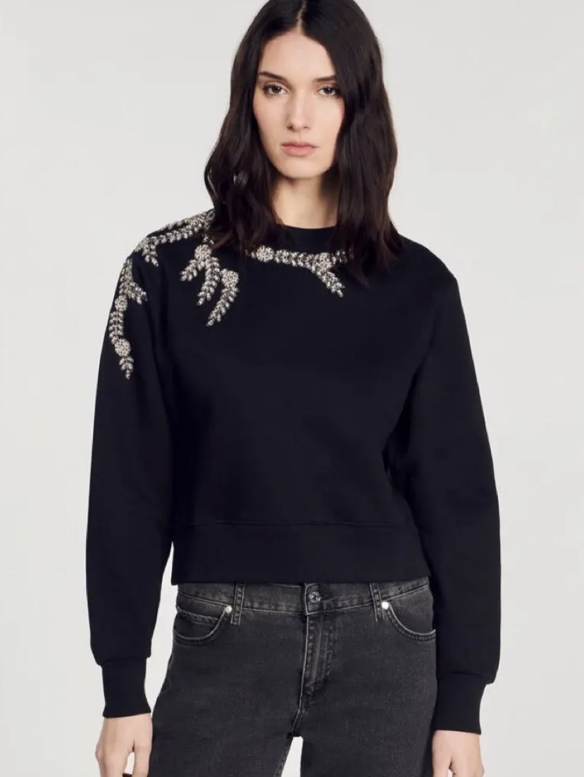 Black Embellished Shoulder Sweatshirt