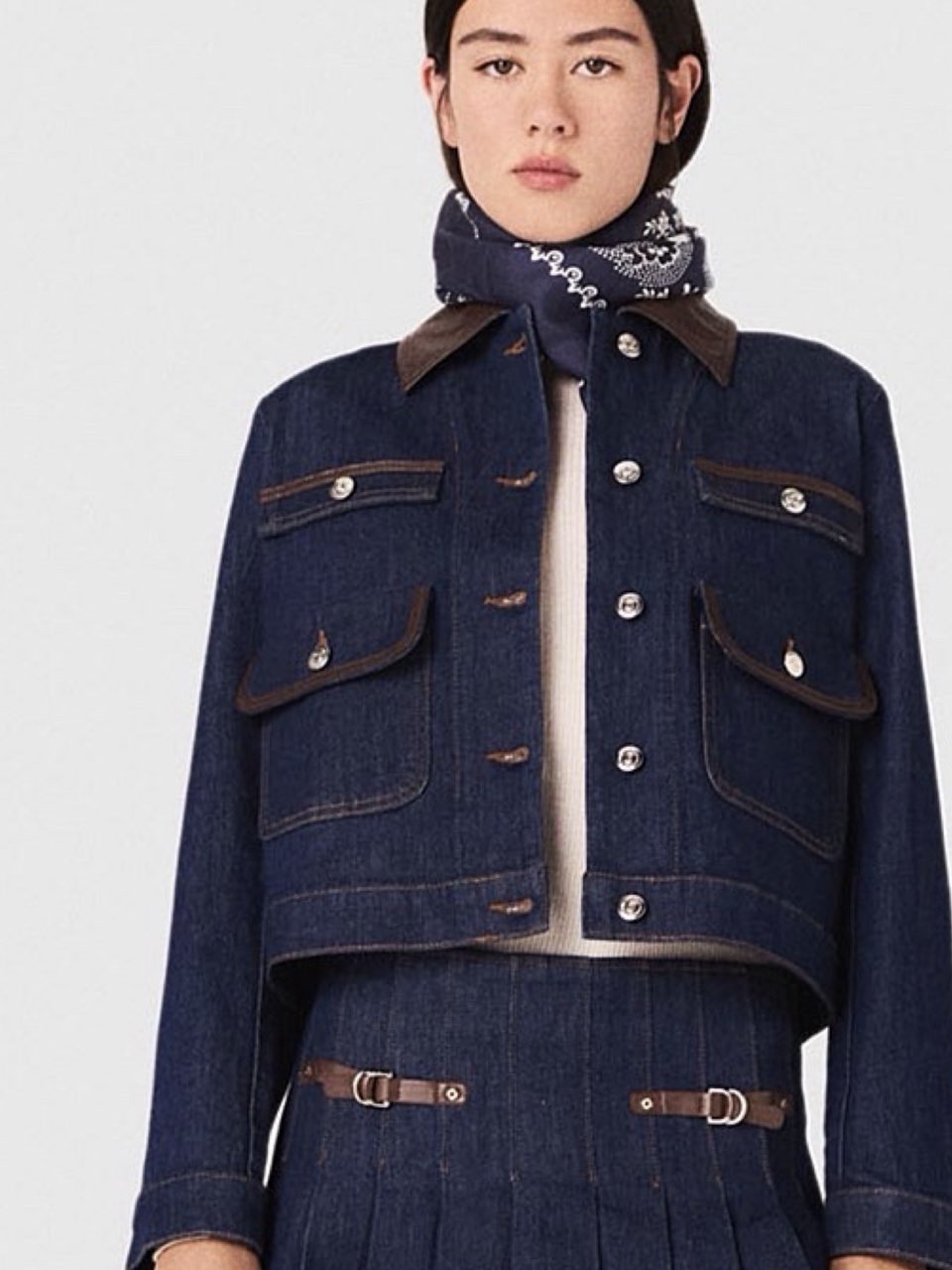 Maje Denim Crop Jacket & Pleated Mini Skirt Set