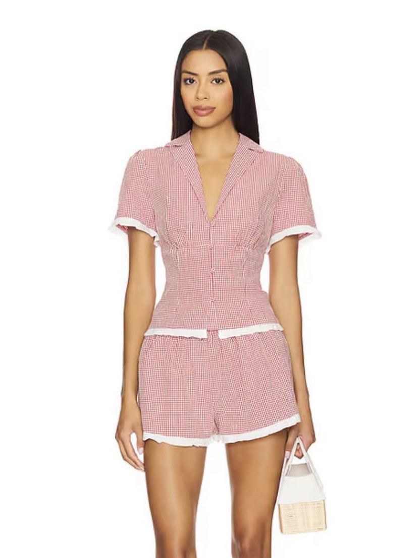 Red Gingham Collared Top and Shorts Set