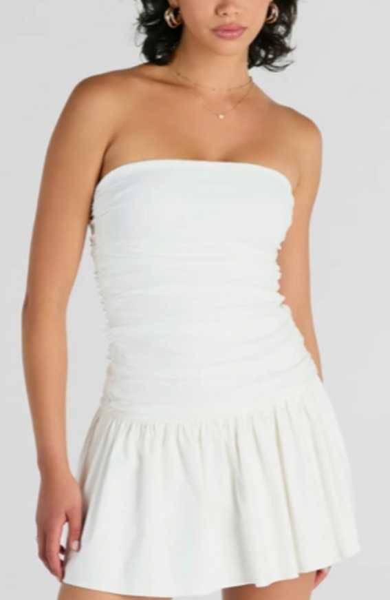 White Ruched Strapless Mini Dress
