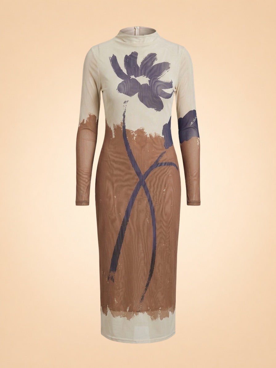Abstract Floral Mesh Midi Dress