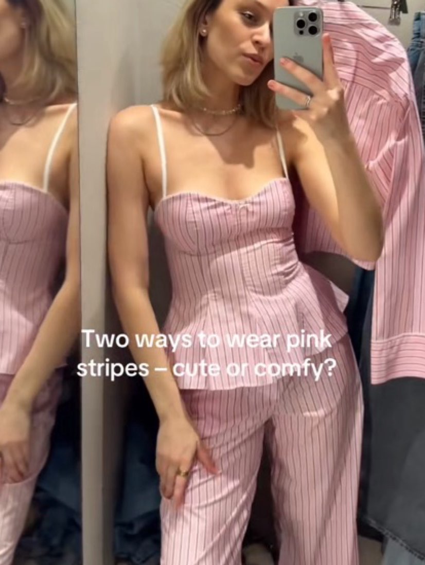Pink Striped Peplum Camisole and Wide-Leg Pants Set