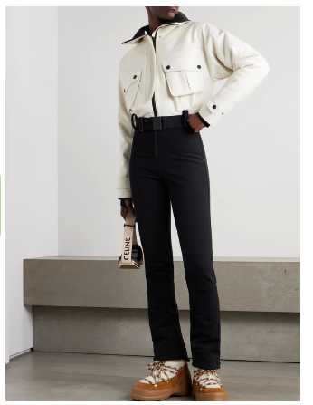 Cream Cropped Ski Jacket and Black Flare Ski Pants Set