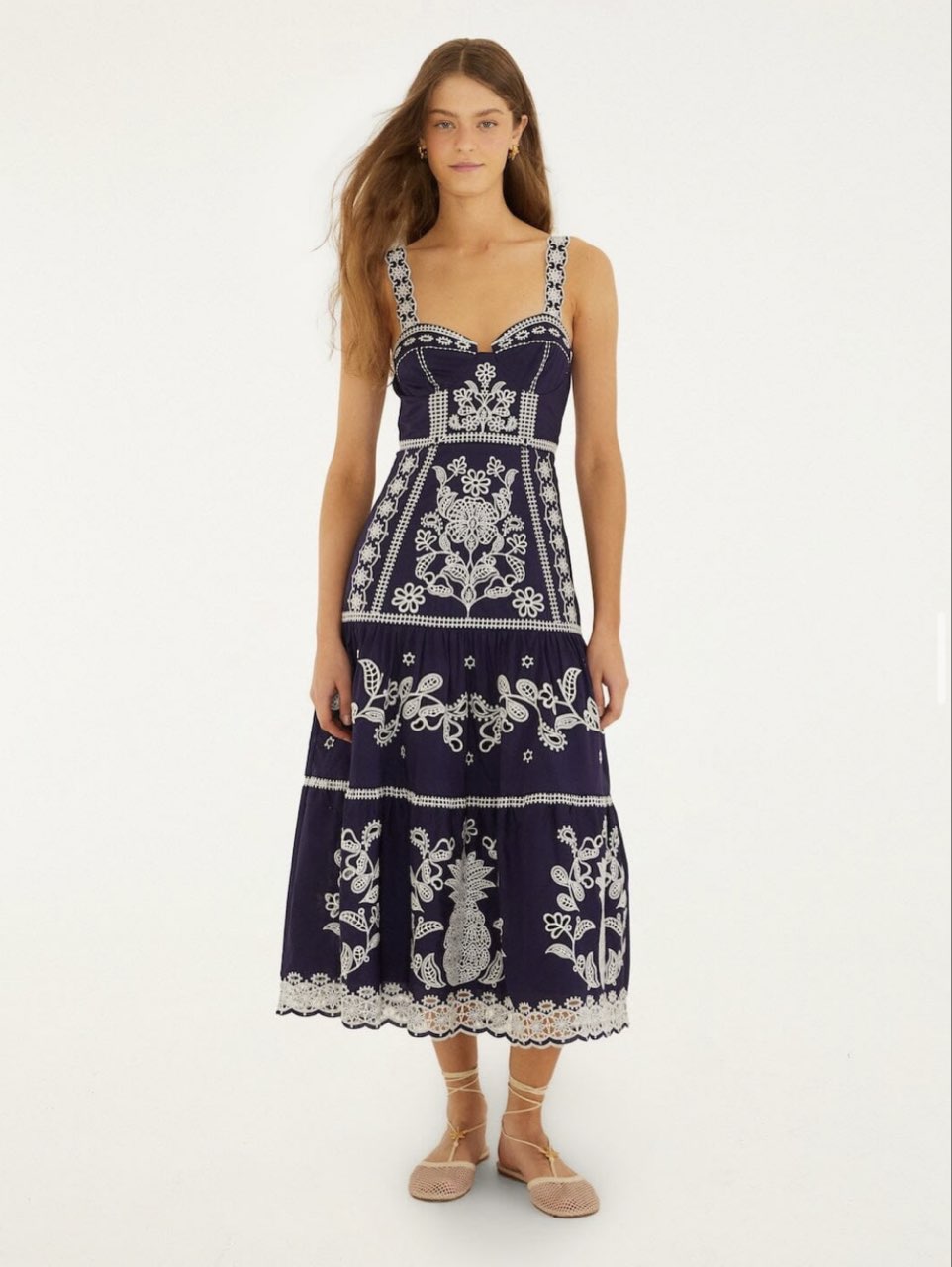 Farm Rio richelieu embroidered dress in navy