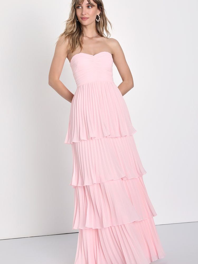 Seriously Sensational Light Pink Strapless Tiered Maxi Dress
