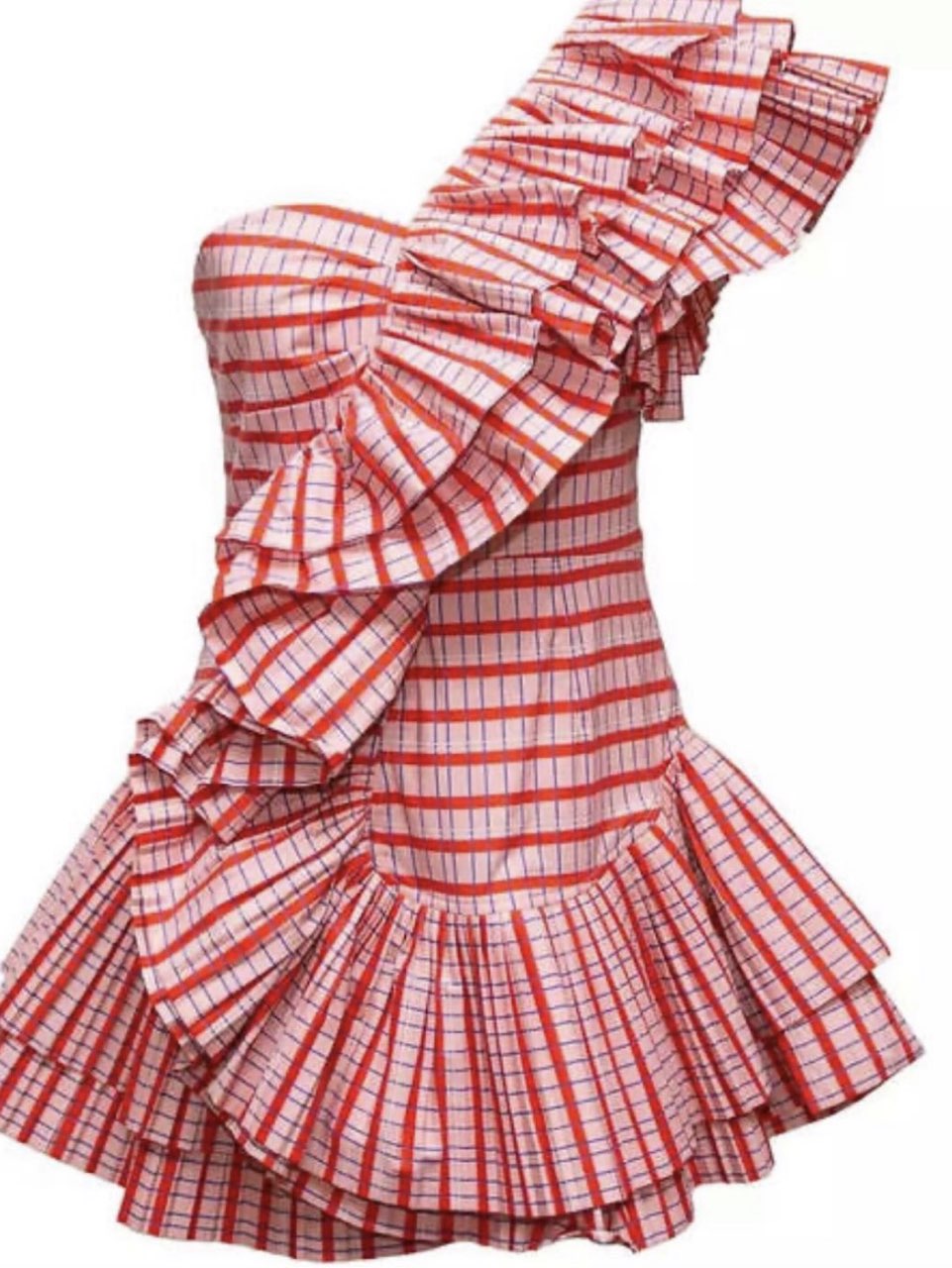 Ruffled One-Shoulder Plaid Mini Dress