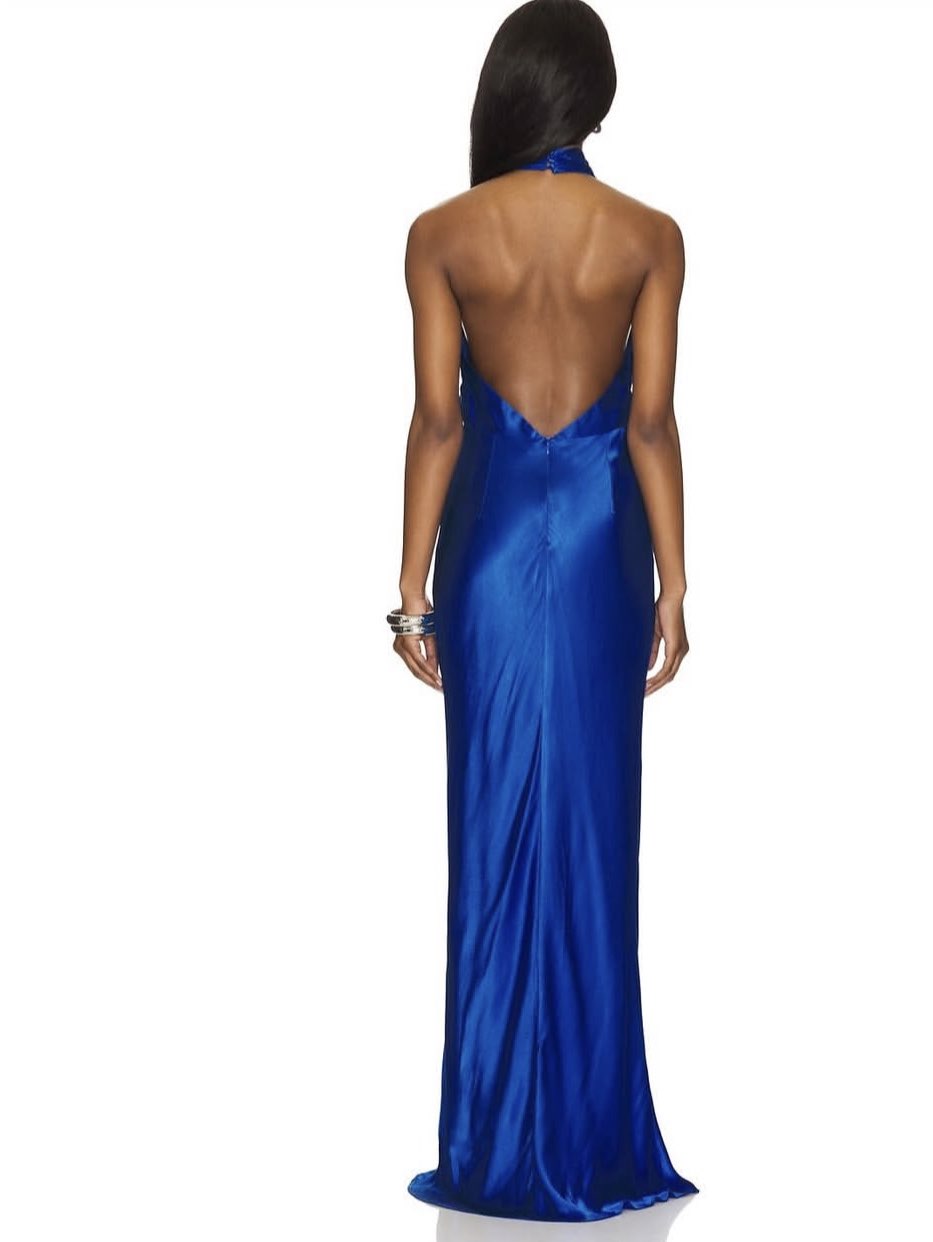 Blue Satin Halter Evening Gown