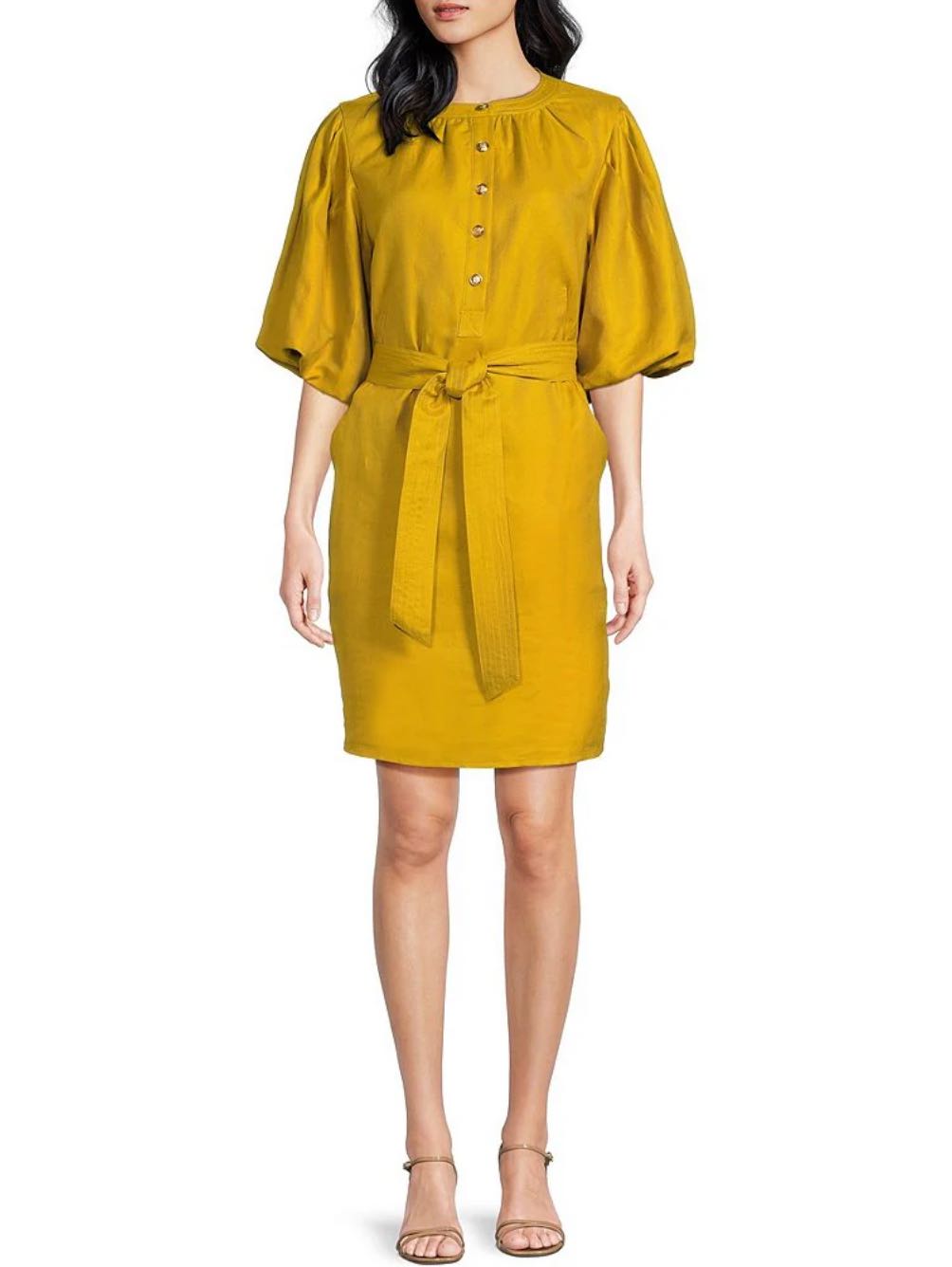 Ruched Crew Neck Short Bubble Sleeve Button Front Tie Waist Sheath Mini Dress