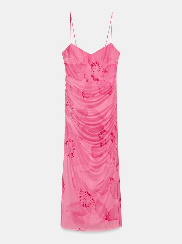 Pink Floral Ruched Midi Dress