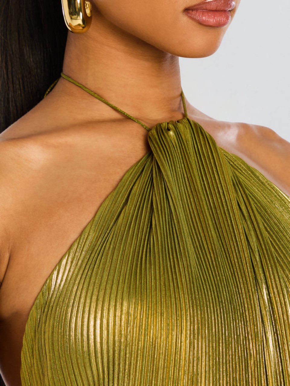 Metallic Pleated Halter Gown