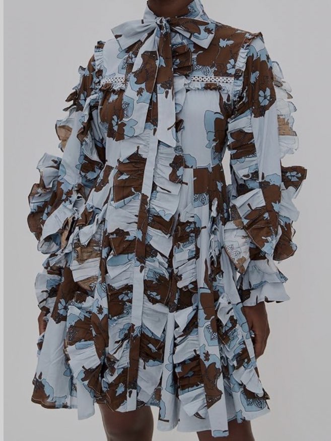 Light Blue and Brown Ruffled Pussy-Bow Mini Dress