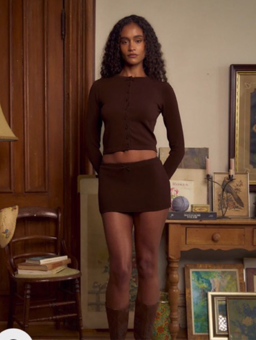 Brown Ribbed Knit Cropped Cardigan & Mini Skirt Set