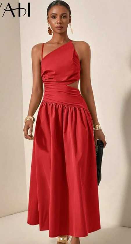 Red One-Shoulder Cutout Midi Dress