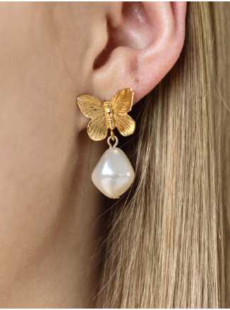 Gold Butterfly Pearl Drop Earrings