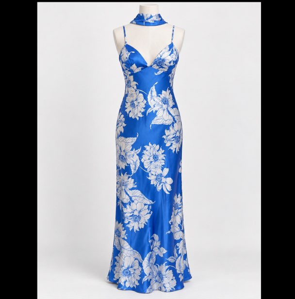 Blue Floral Maxi Slip Dress with SEPARATED Scarf Neck