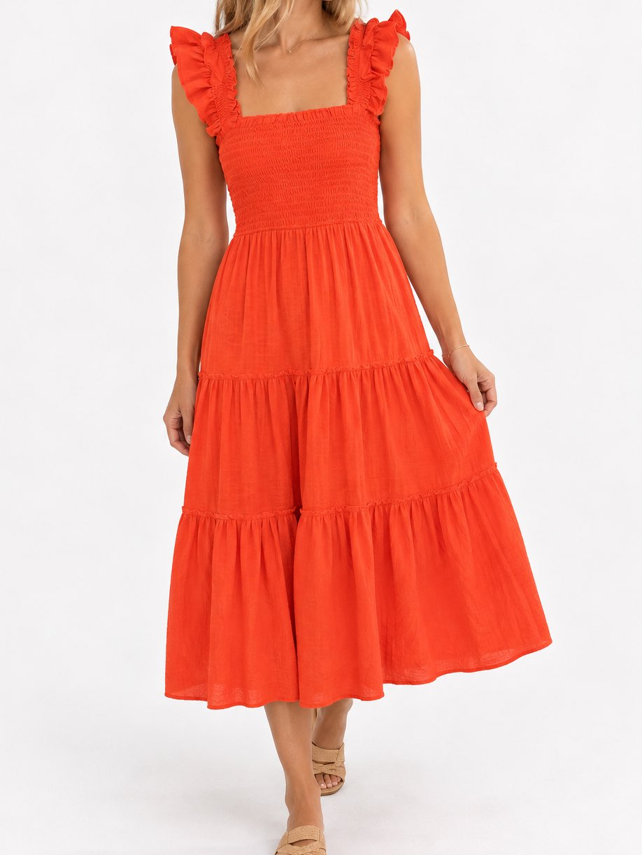 Orange Smocked Ruffle Strap Tiered Midi Dress