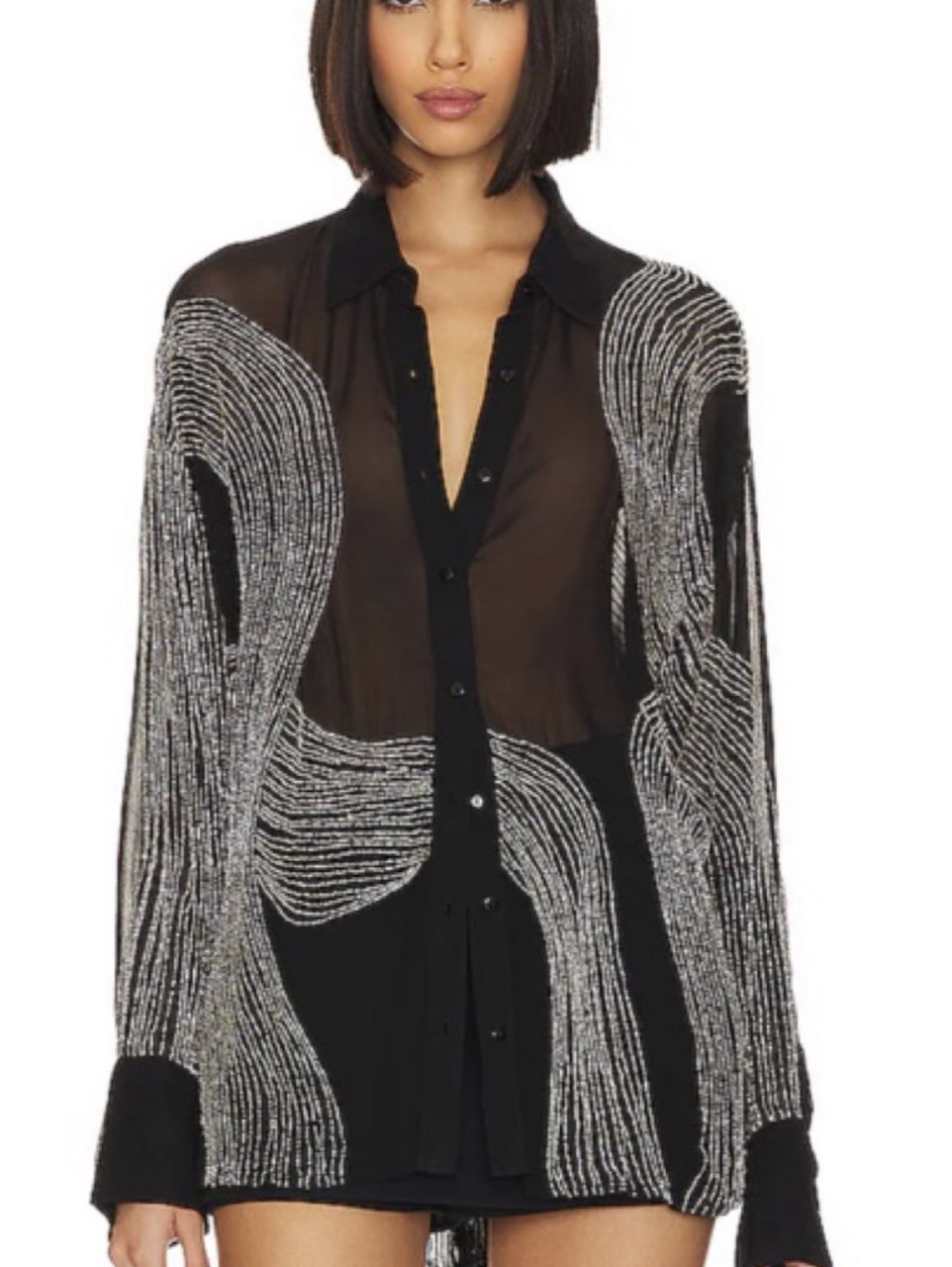 Sheer Beaded Button-Up Shirt
