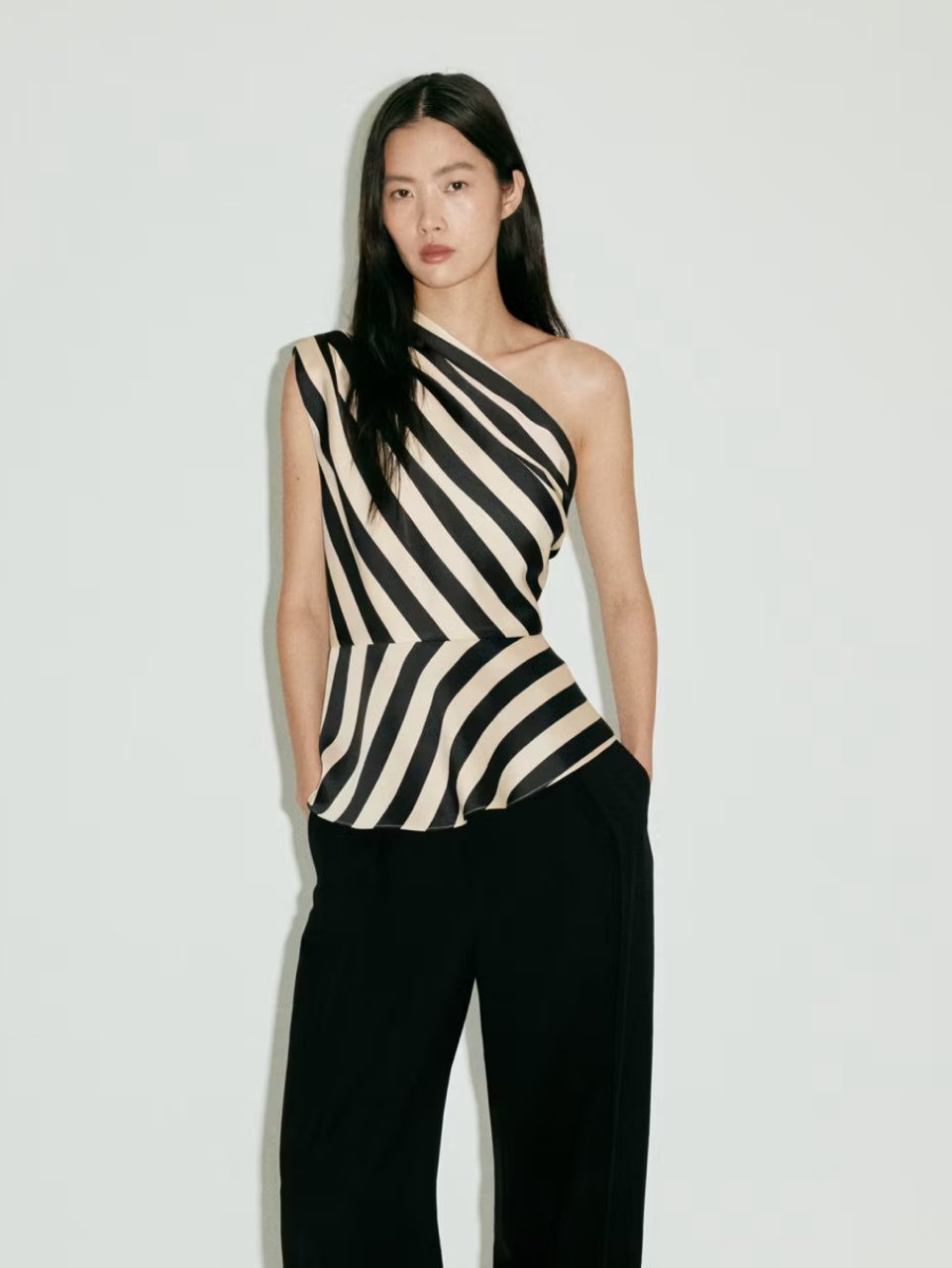 Black and Beige Striped One-Shoulder Peplum Top
