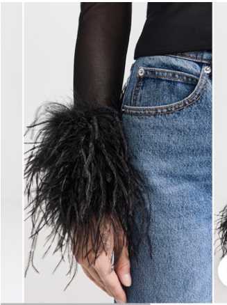 Black Mesh Feather Cuff Top