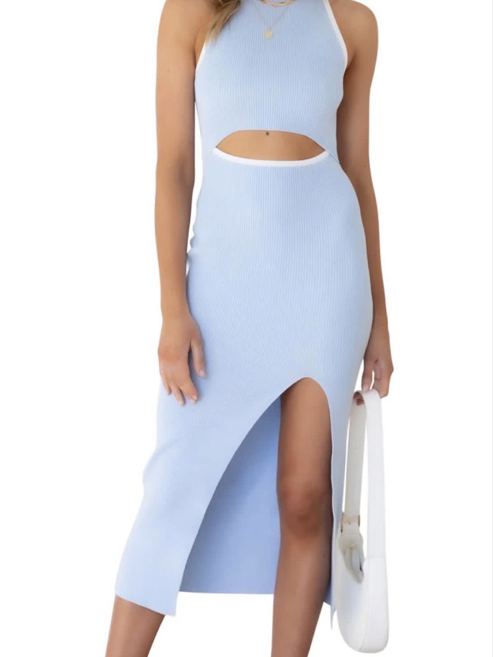 Light Blue Ribbed Knit Cutout Midi Dress