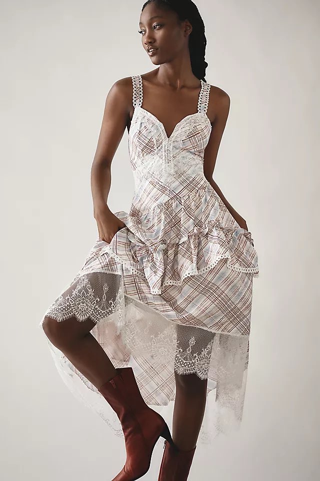 Plaid and Lace Tiered Midi Dress