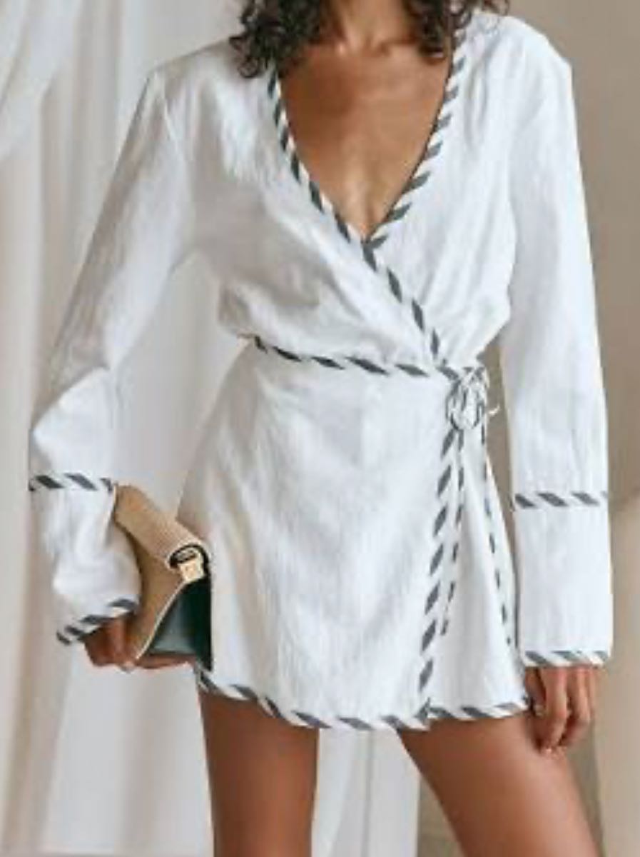 White Wrap Dress with Black Trim