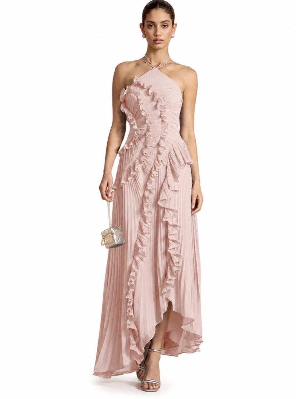 Blush Pink Ruffle Halter Dress