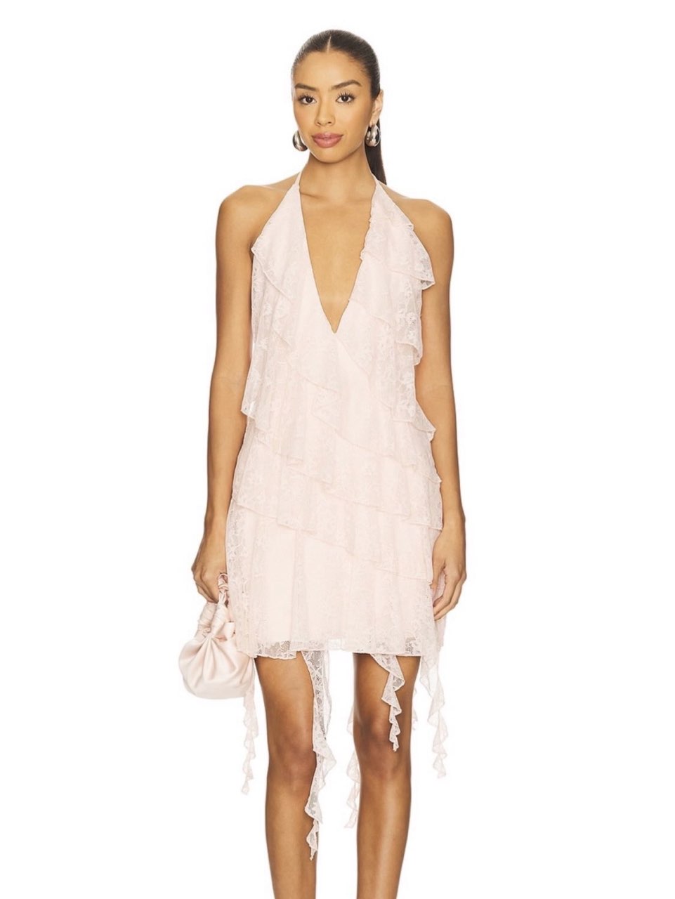Pink Tiered Ruffle Lace Halter Mini Dress