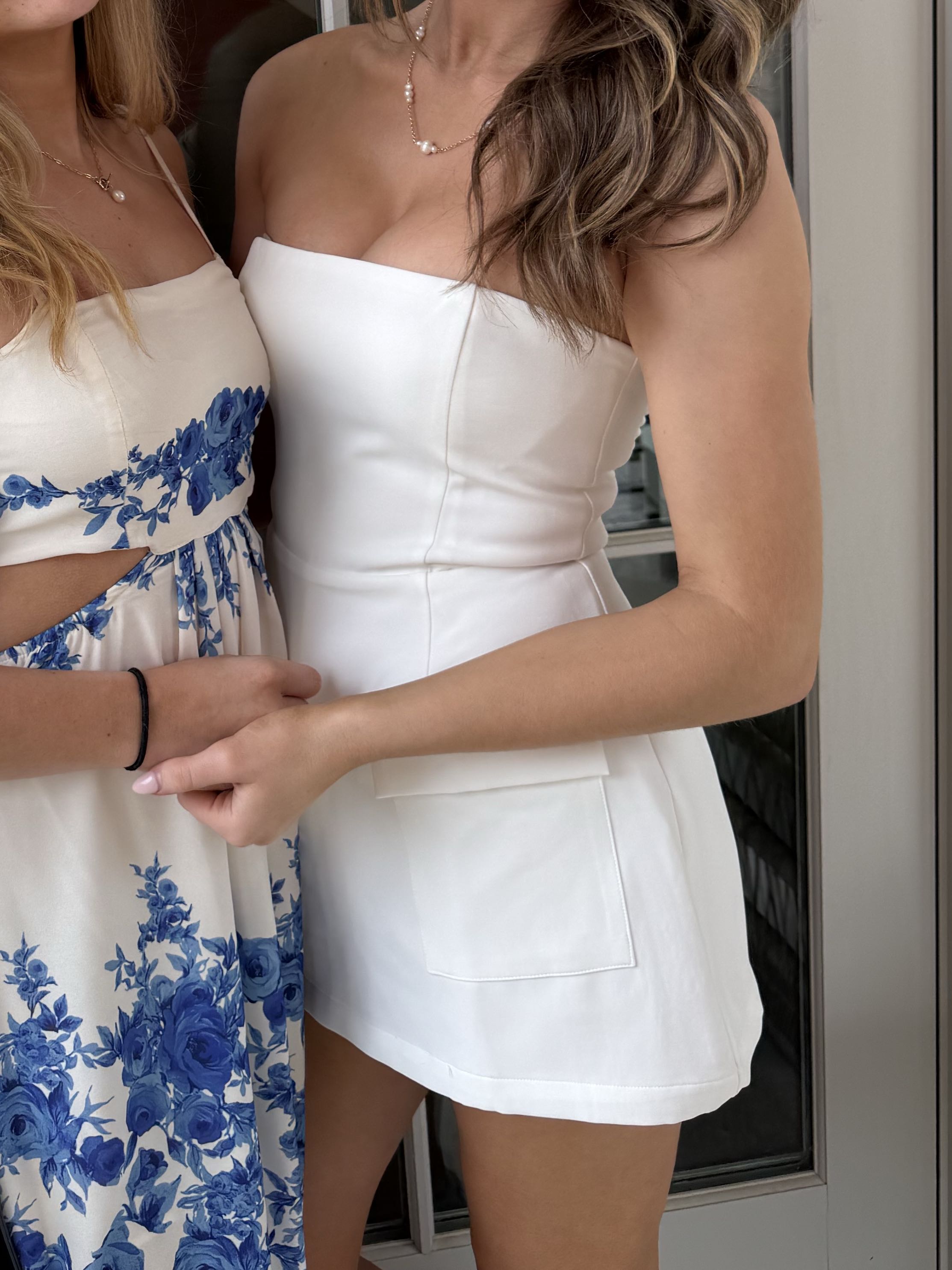 white structured mini strapless dress