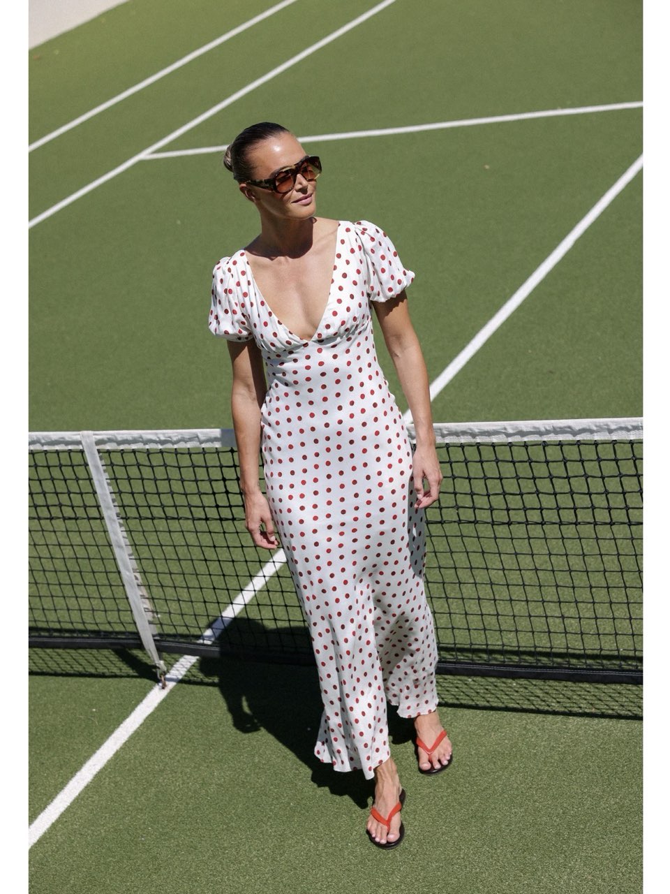 Red and white polka dot maxi dress