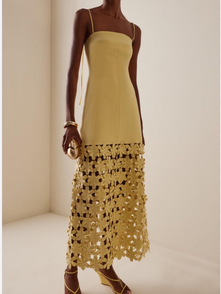 Pale Yellow Floral Cutout Midi Dress