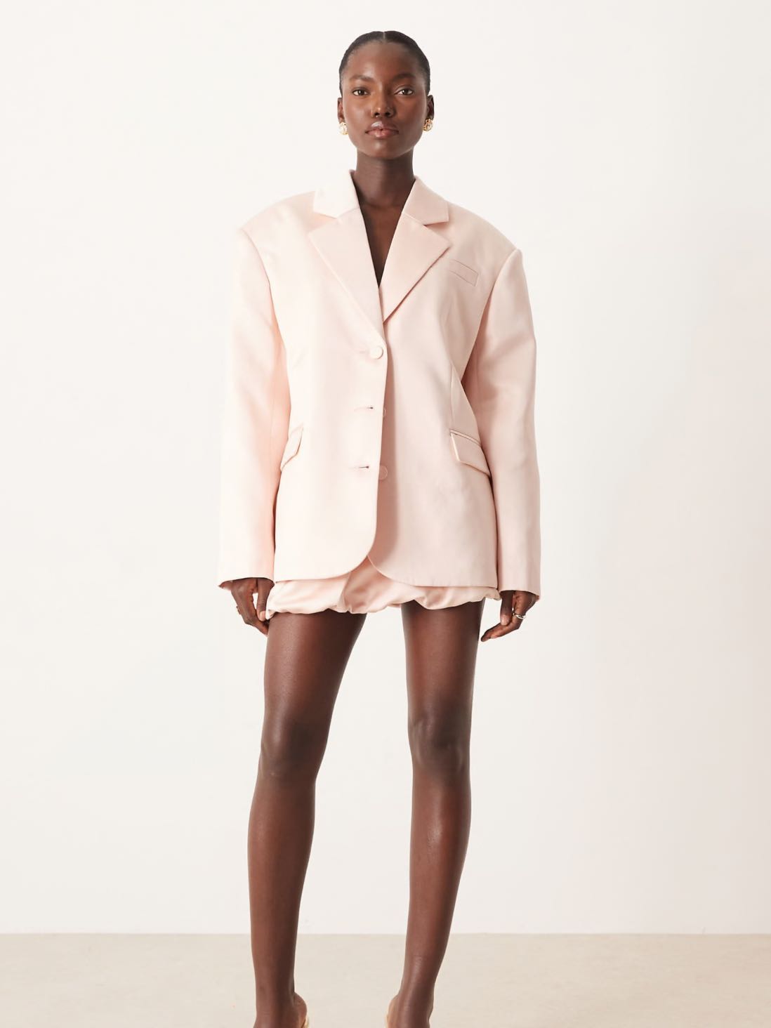 Blush Pink Satin Blazer and Bubble skirt Set